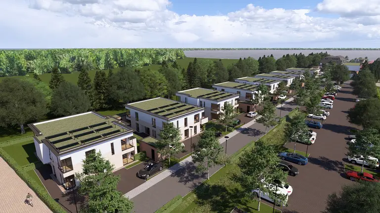 Visualisierung: Luftbild der Wohnanlage mit Gründächern
