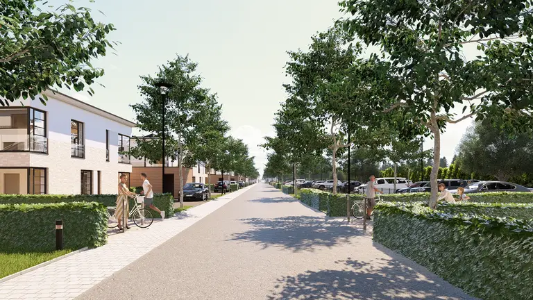 Visualisierung: Allee mit Bäumen, Häusern und Spaziergängern
