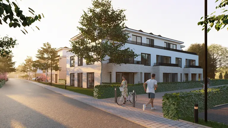 Visualisierung: Straße mit Mehrfamilienhaus im Abendlicht